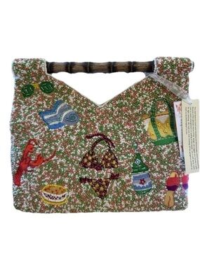 New Release Beach Summer Beaded Made In India Clutch with Bamboo Handles NWT